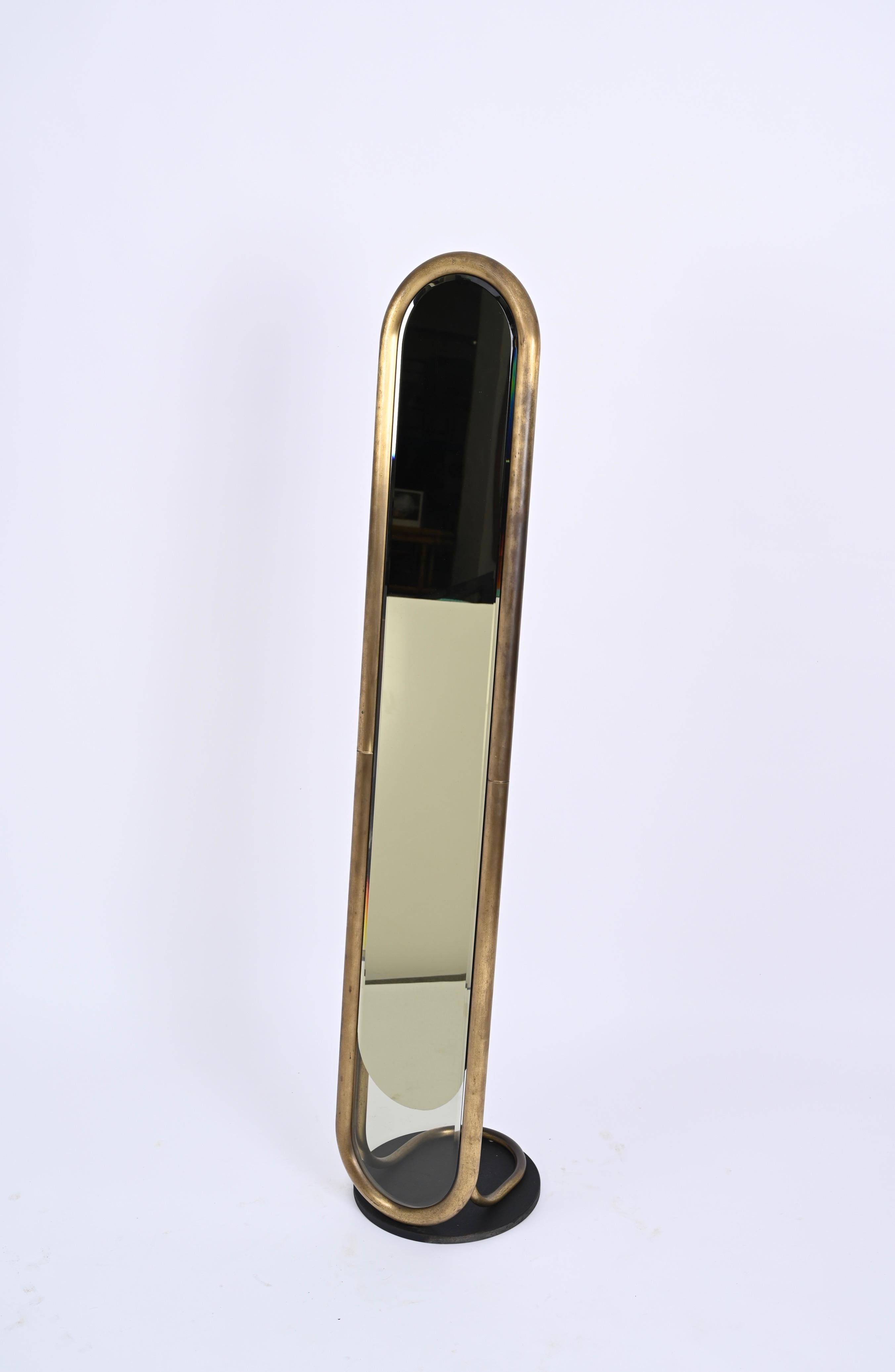 Midcentury Italian Brass Floor Full Lenght Beveled Bronze Mirror, Italy 1970s 5
