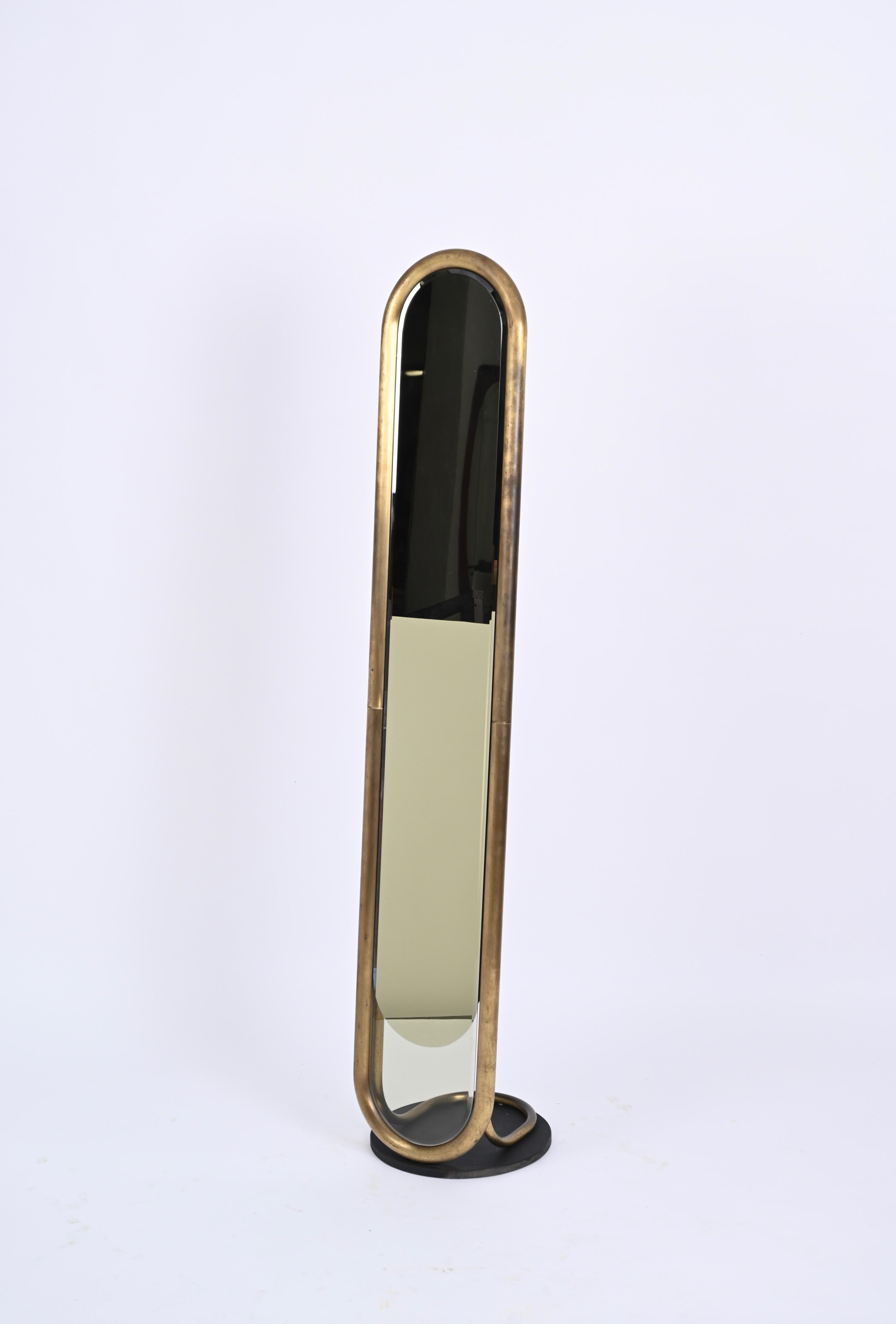 Midcentury Italian Brass Floor Full Lenght Beveled Bronze Mirror, Italy 1970s 6