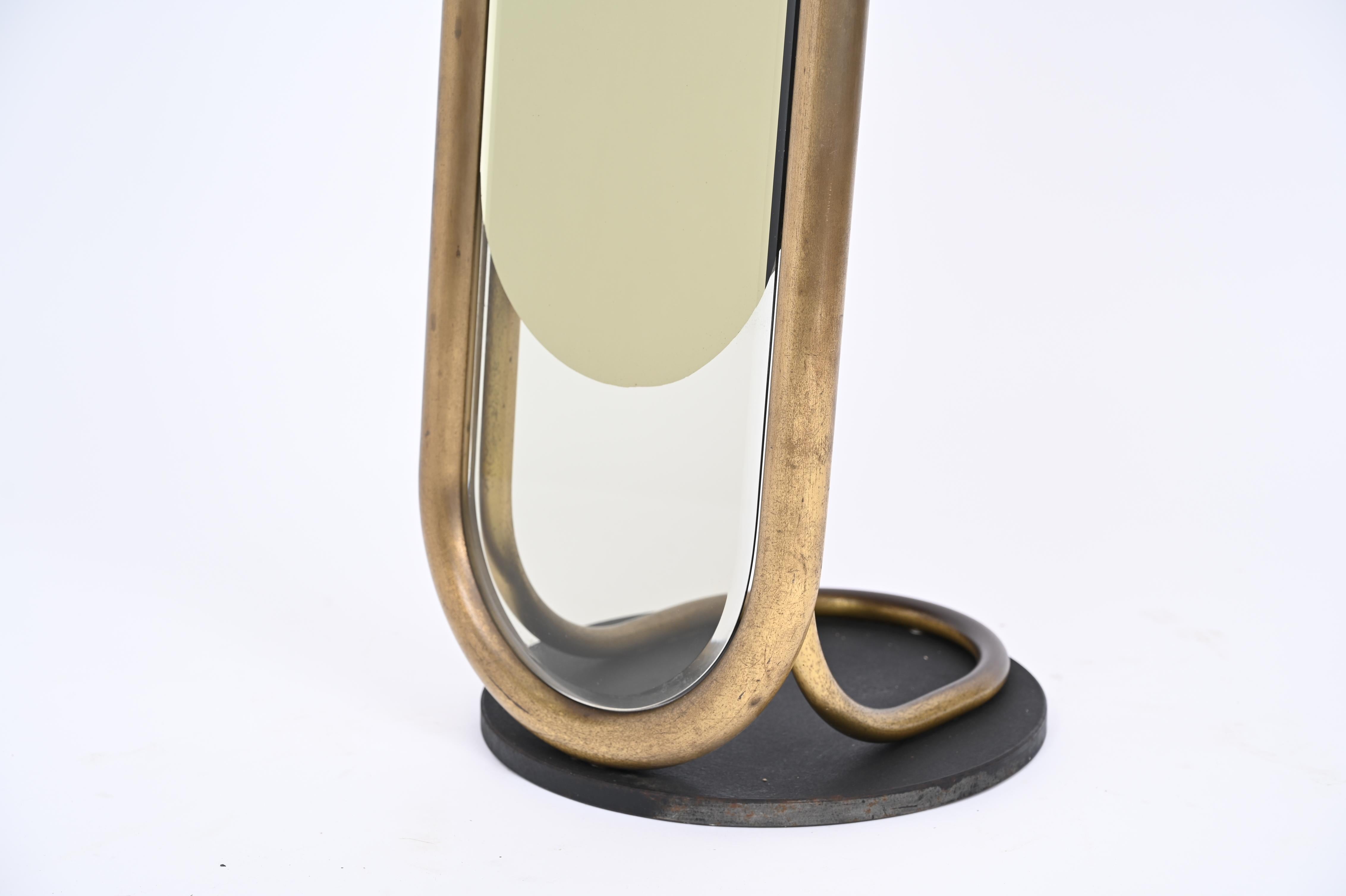 Midcentury Italian Brass Floor Full Lenght Beveled Bronze Mirror, Italy 1970s 10