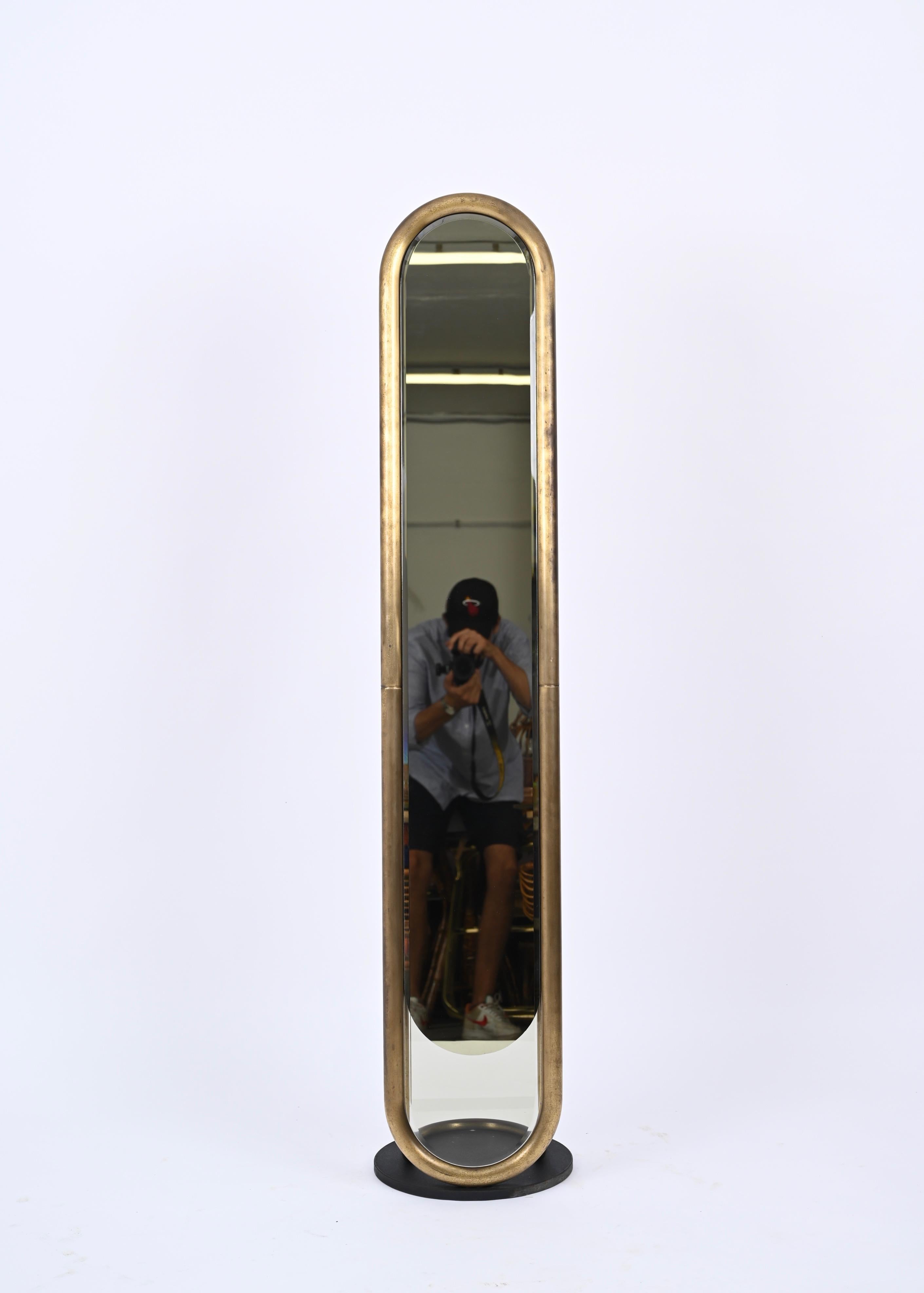 Midcentury Italian Brass Floor Full Lenght Beveled Bronze Mirror, Italy 1970s 12