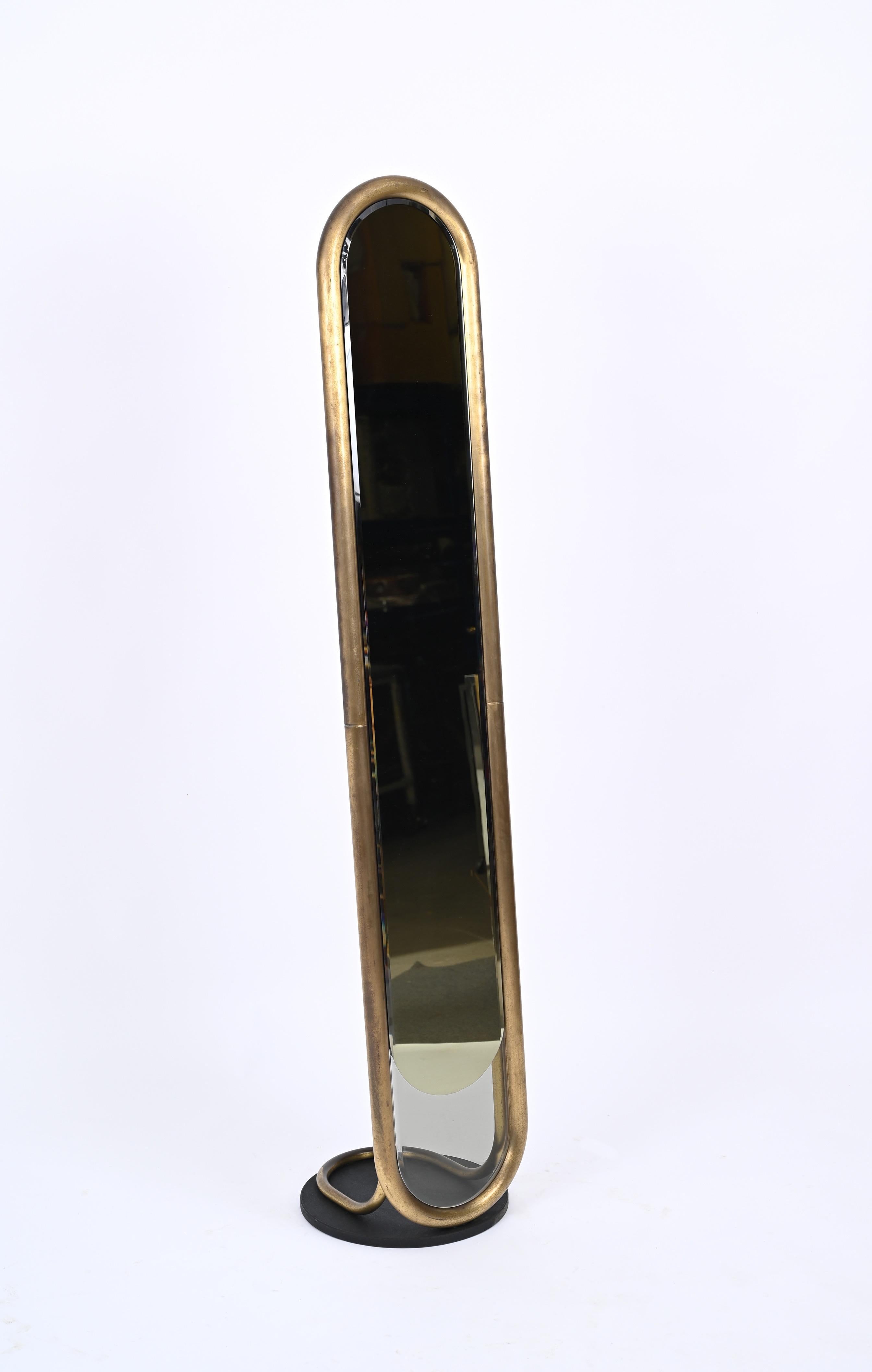 Midcentury Italian Brass Floor Full Lenght Beveled Bronze Mirror, Italy 1970s 13