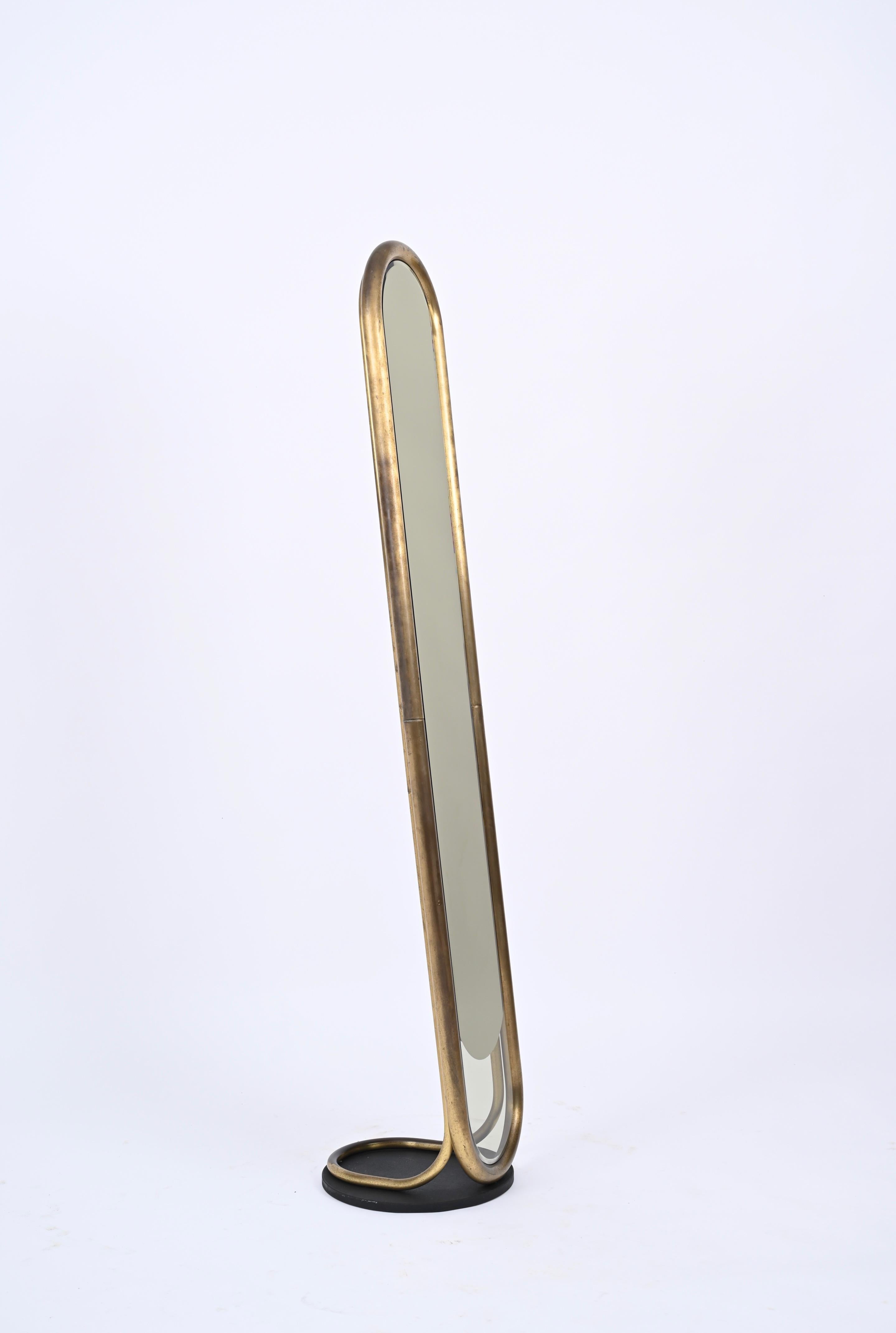 Metal Midcentury Italian Brass Floor Full Lenght Beveled Bronze Mirror, Italy 1970s