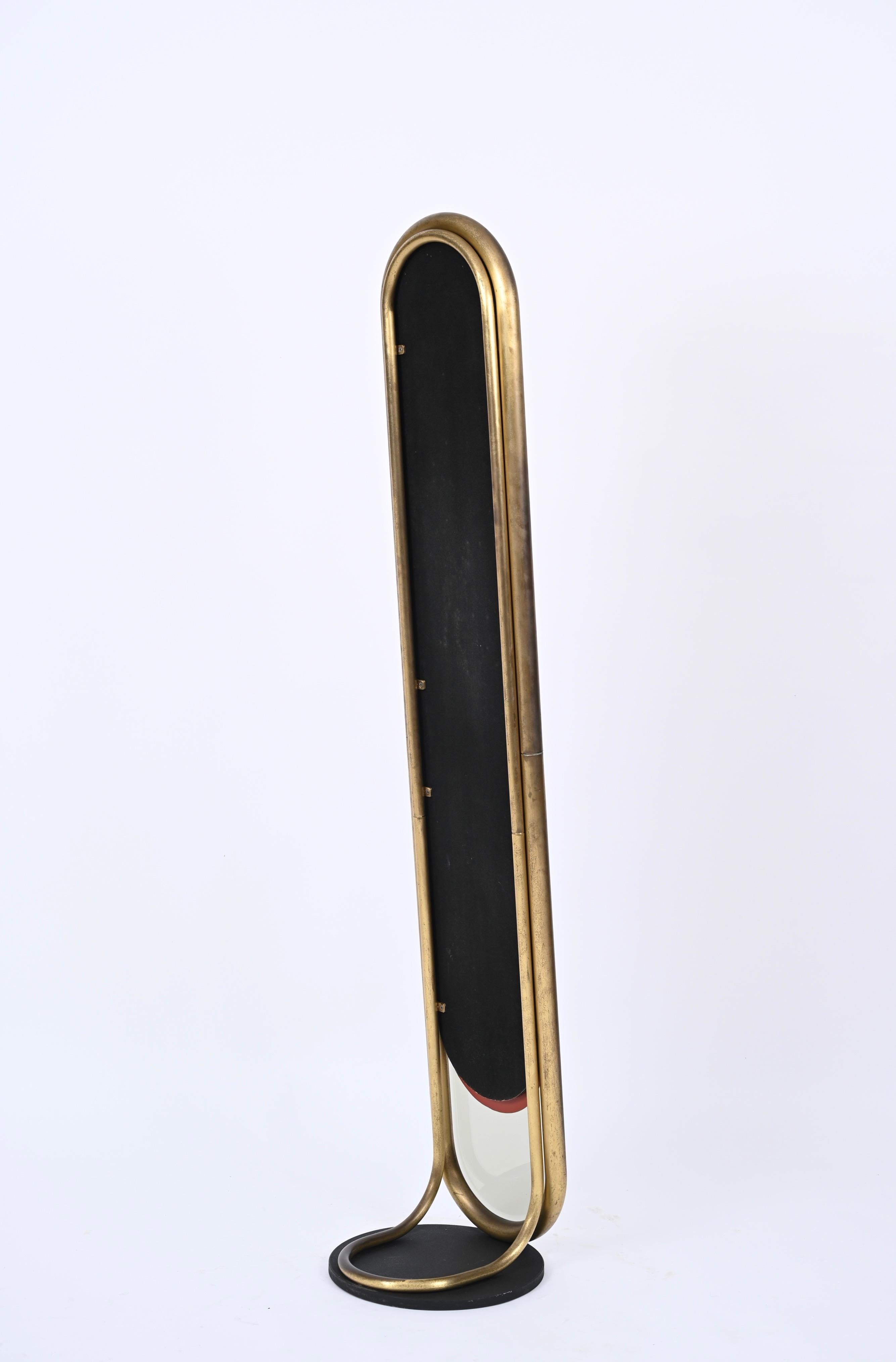 Midcentury Italian Brass Floor Full Lenght Beveled Bronze Mirror, Italy 1970s 1