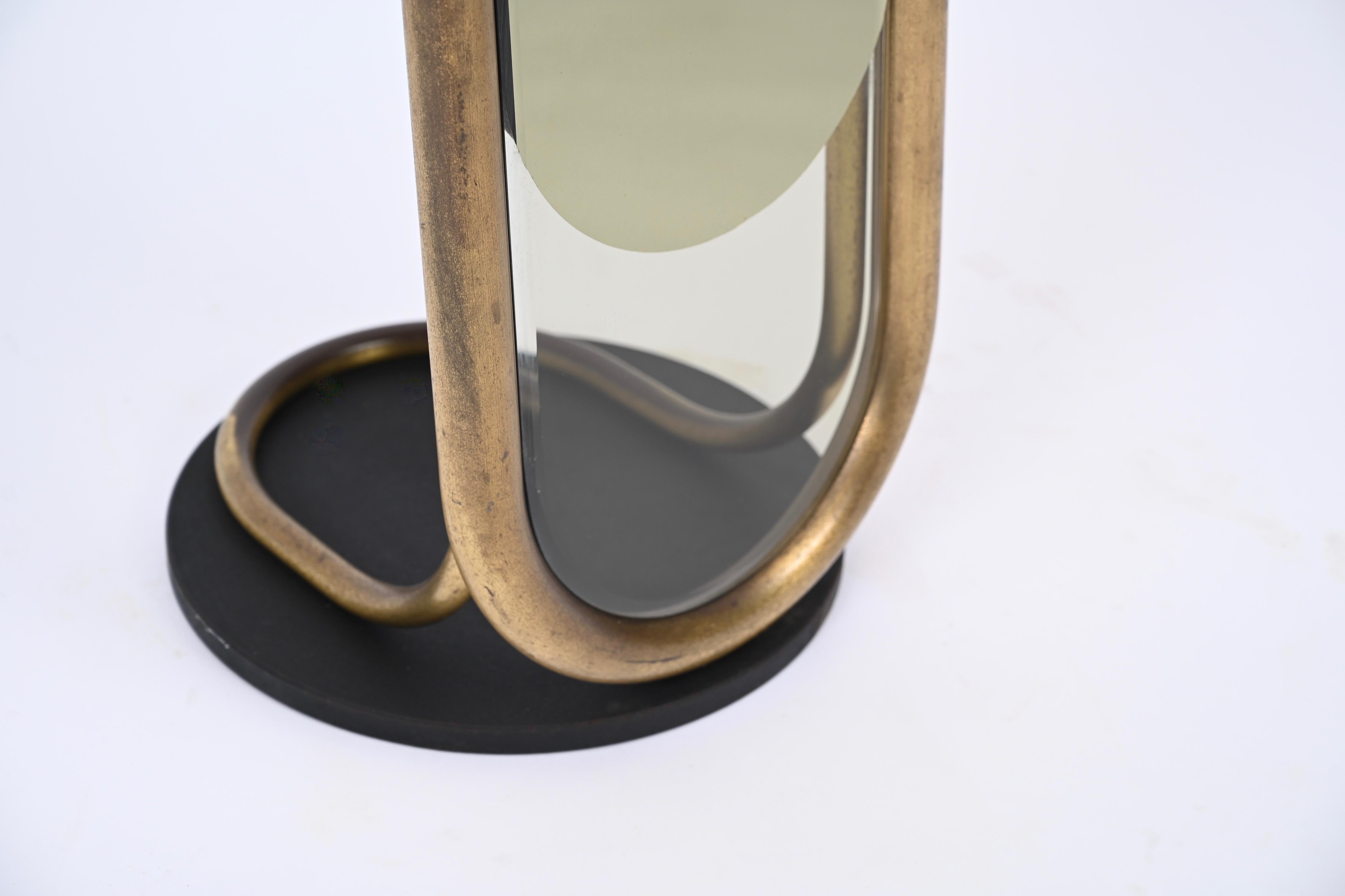 Midcentury Italian Brass Floor Full Lenght Beveled Bronze Mirror, Italy 1970s 3