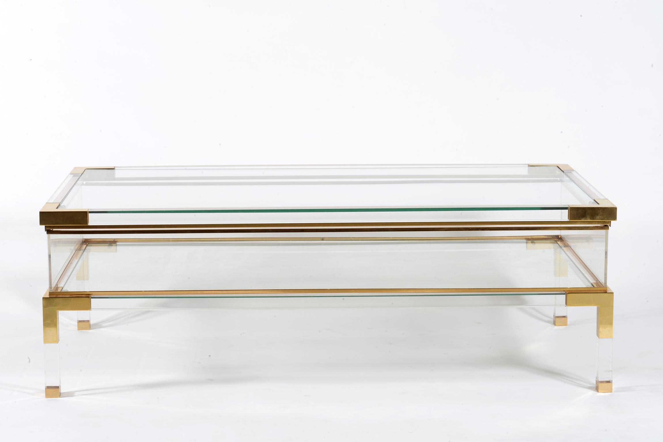 Mid-Century Modern Midcentury Italian Brass Lucite and Glass Coffee Sofa Table, 1970