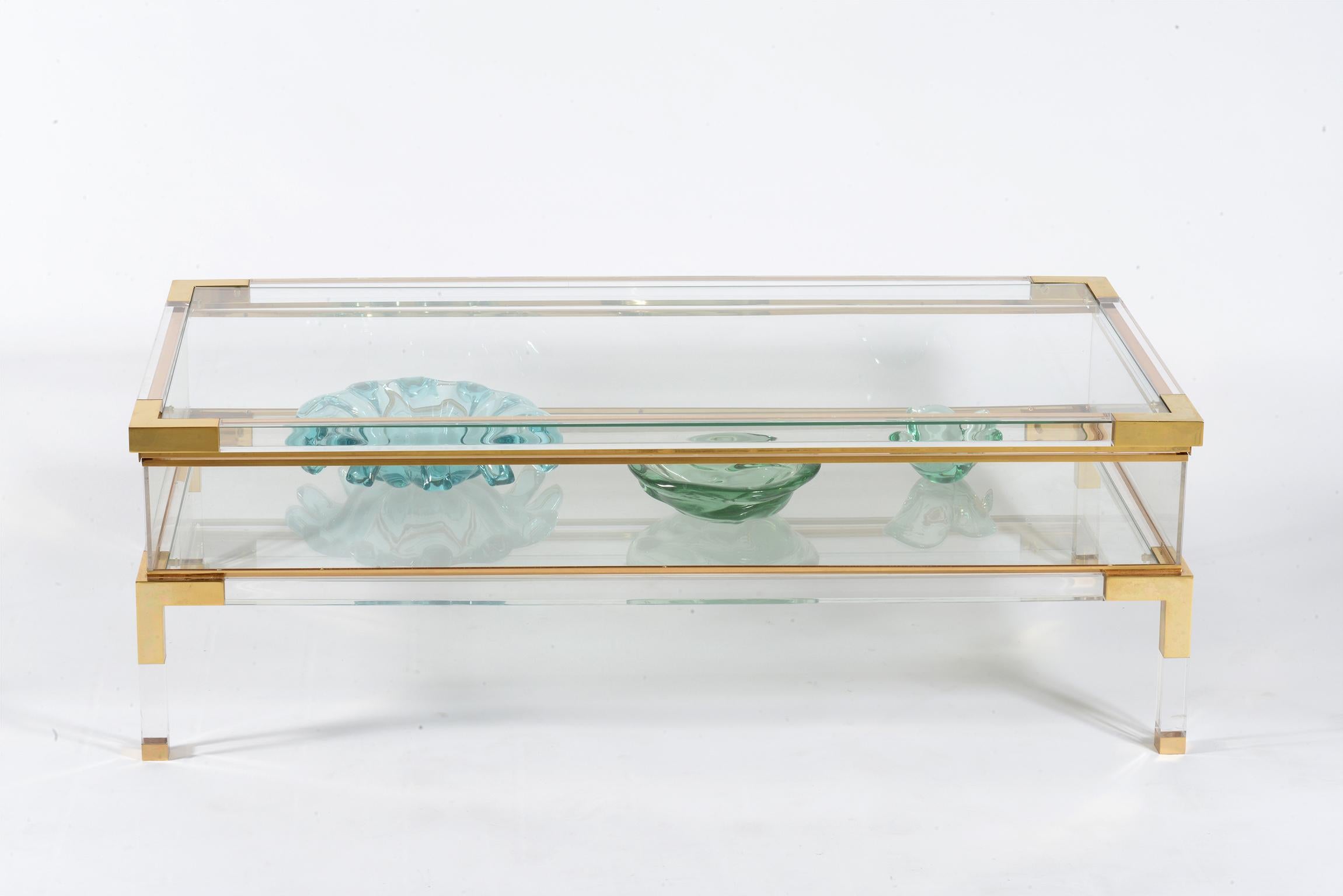 Late 20th Century Midcentury Italian Brass Lucite and Glass Coffee Sofa Table, 1970
