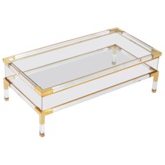 Midcentury Italian Brass Lucite and Glass Coffee Sofa Table, 1970