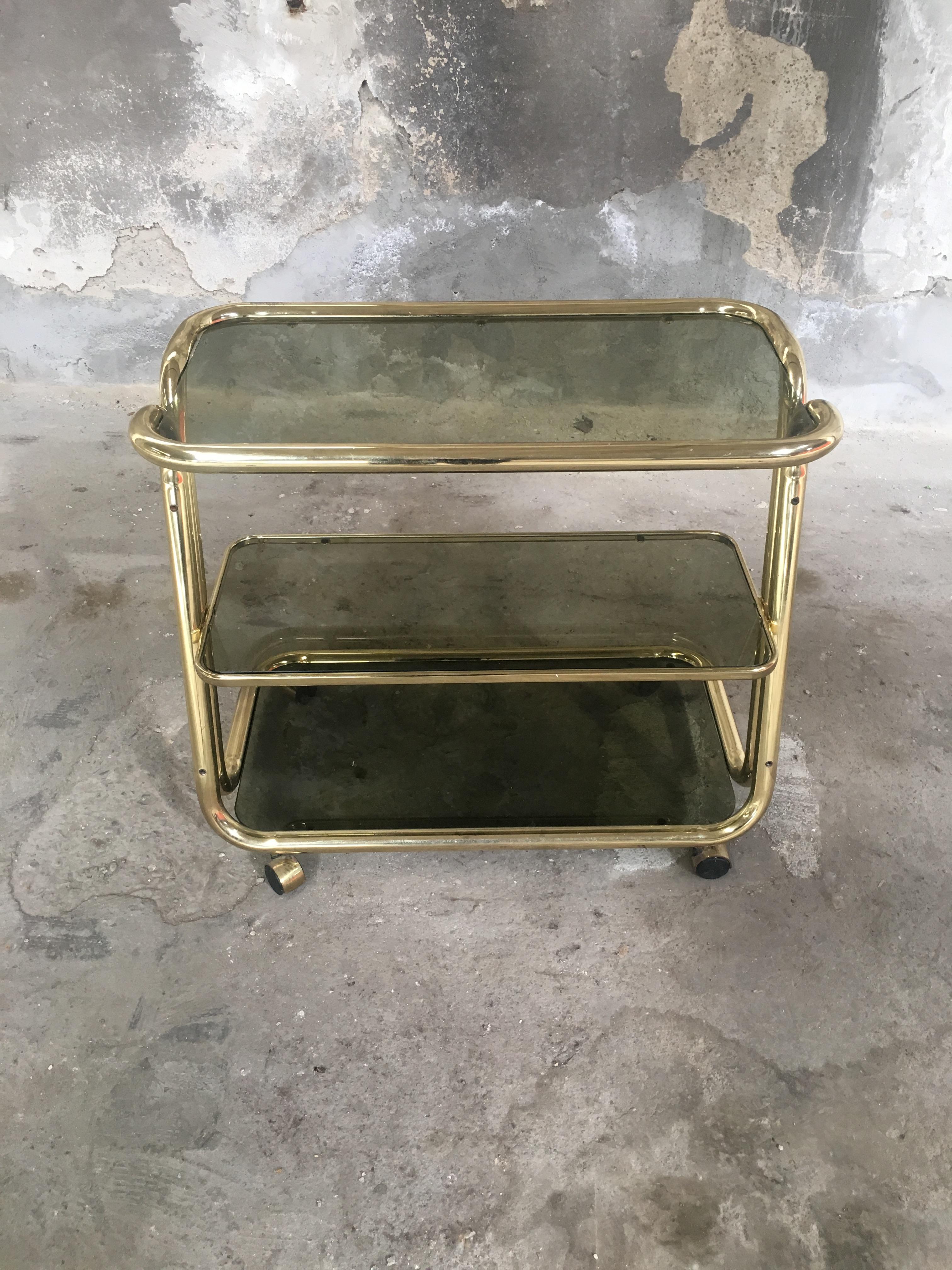 Gilt Midcentury Italian Brass Metal Bar Cart with Smoked Glass Shelves from 1970s