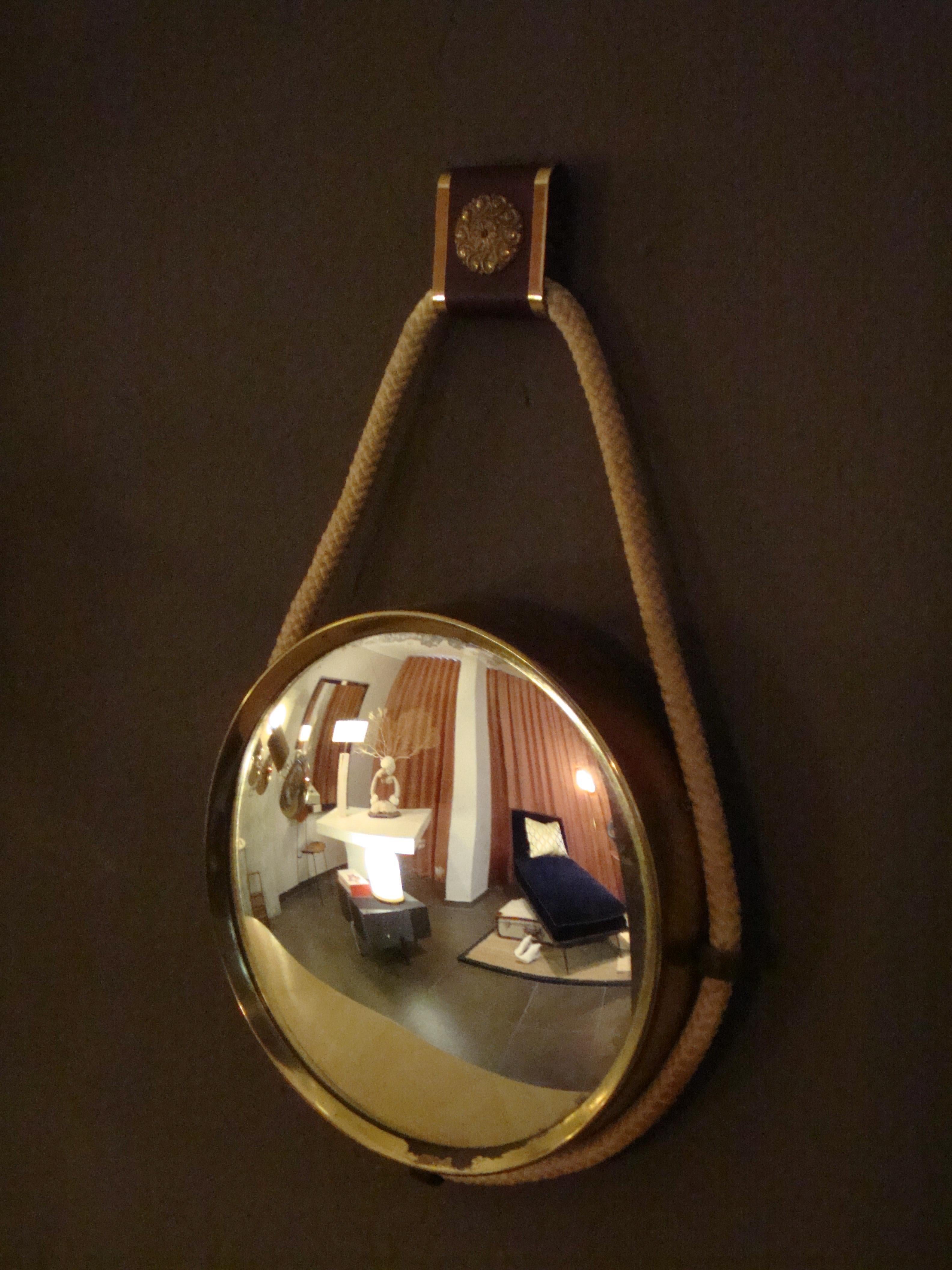 Midcentury Italian Brass Round Convex Mirror For Sale 1