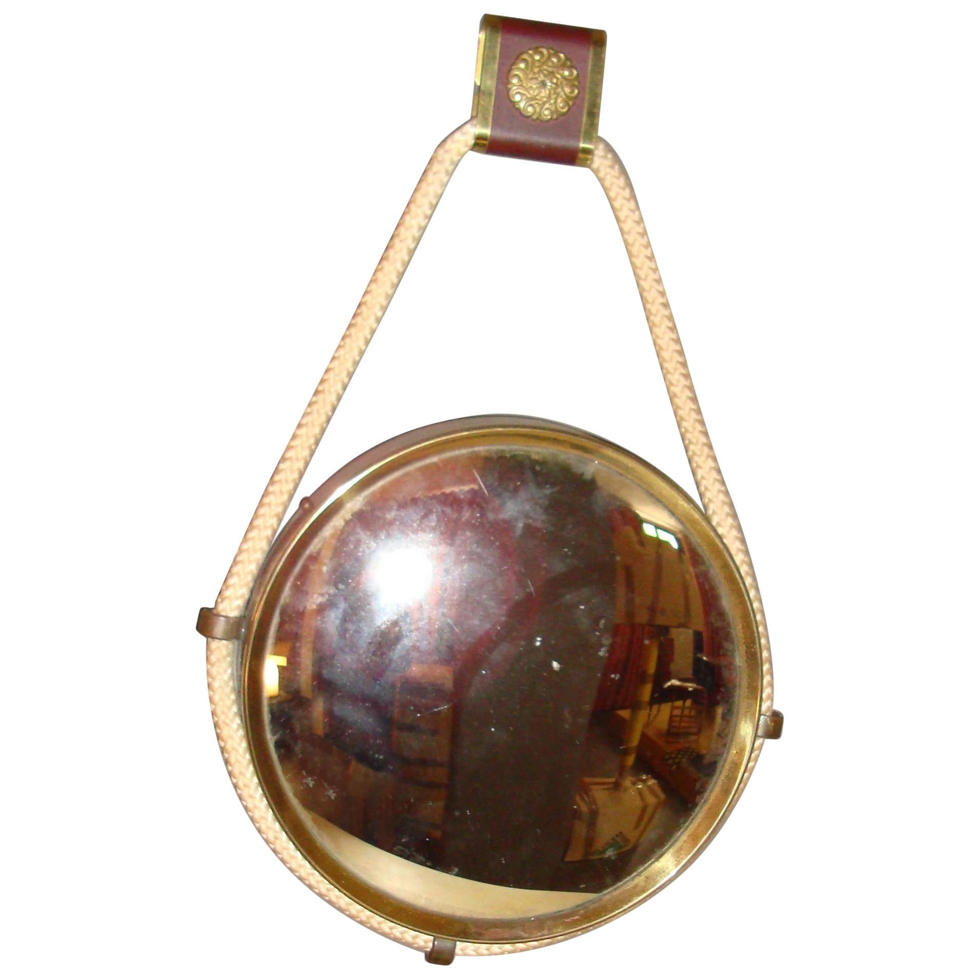 Midcentury Italian Brass Round Convex Mirror For Sale