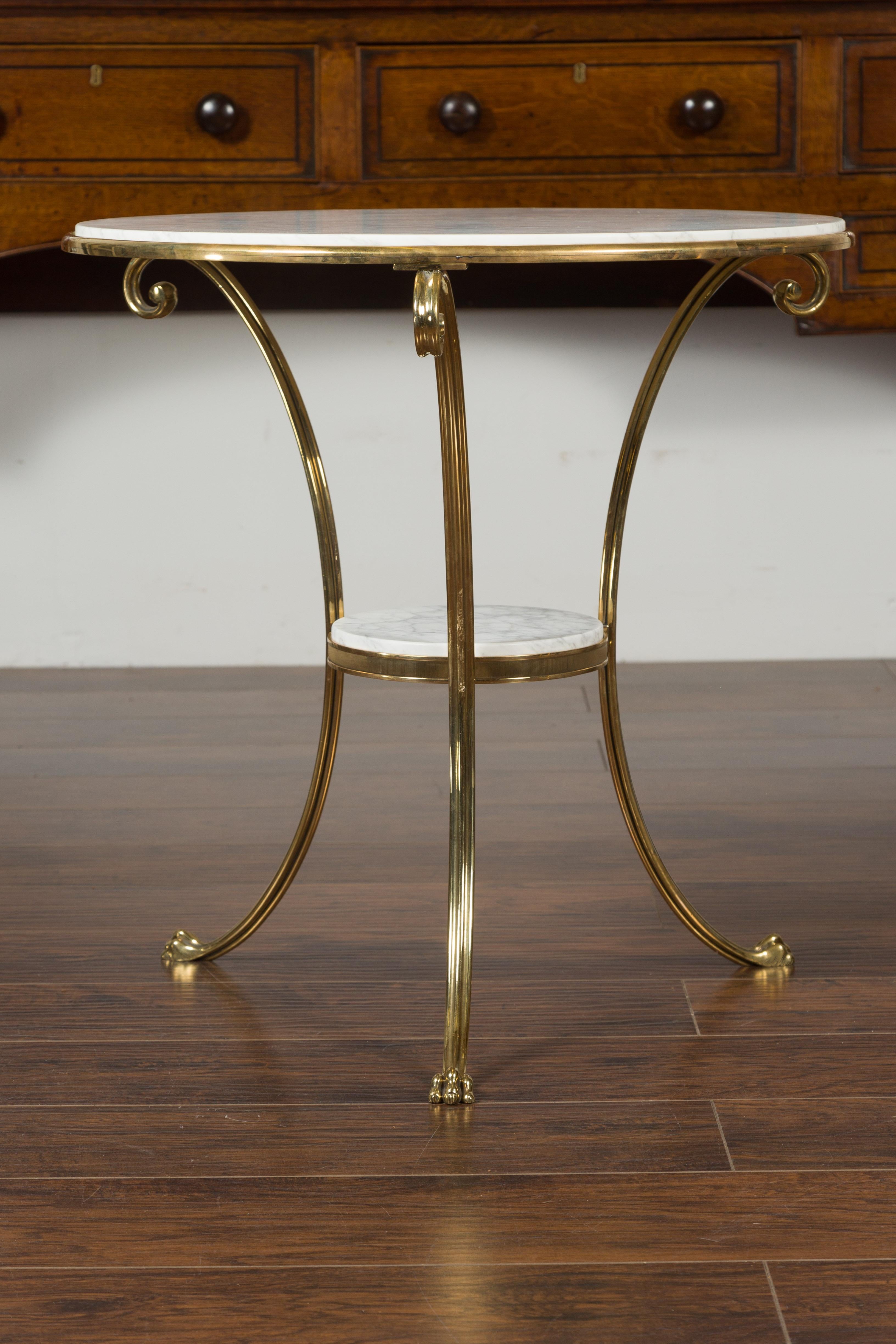 Midcentury Italian Brass Table with Round White Marble Top and Scrolling Legs 3