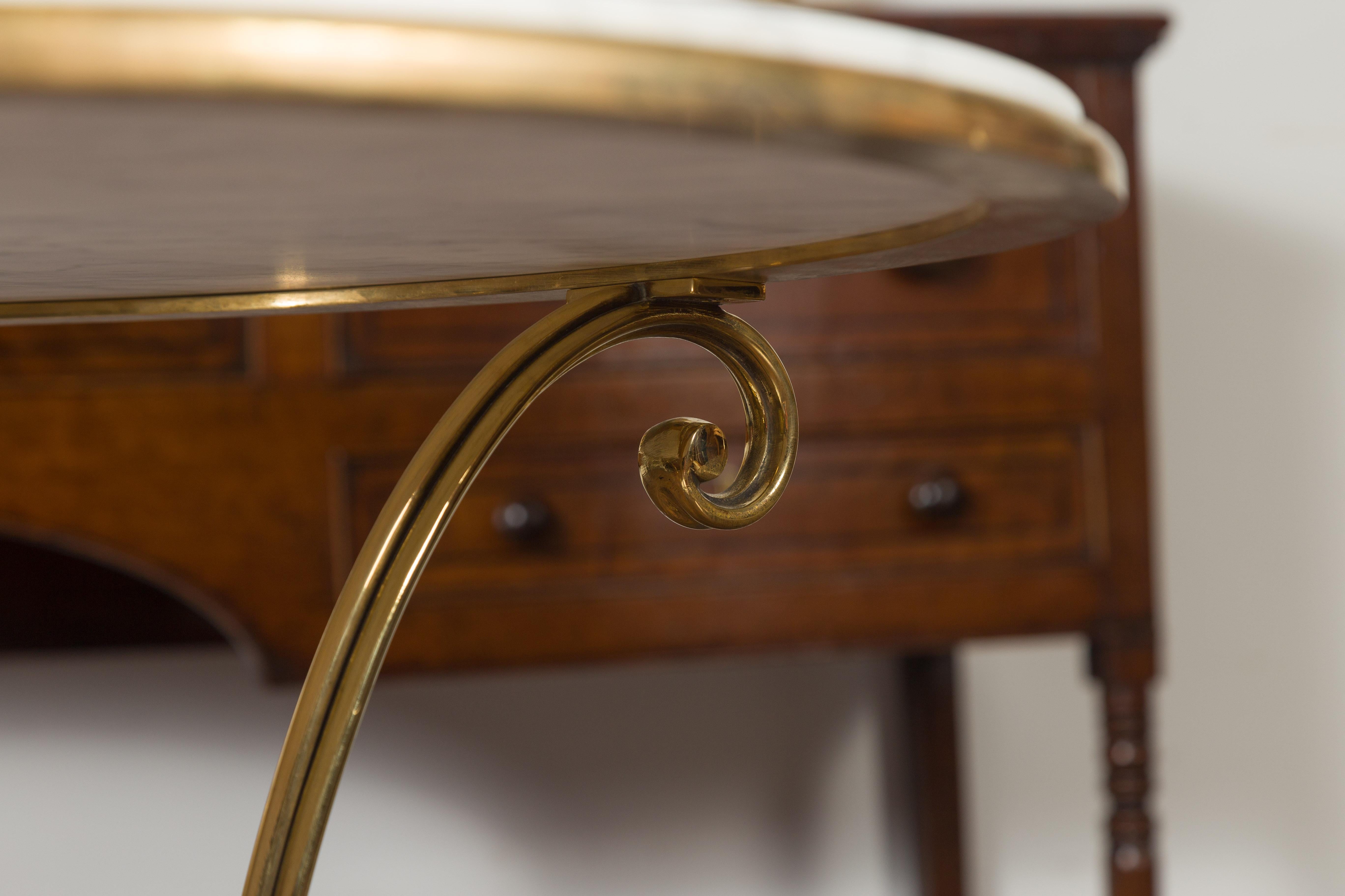 Midcentury Italian Brass Table with Round White Marble Top and Scrolling Legs 5