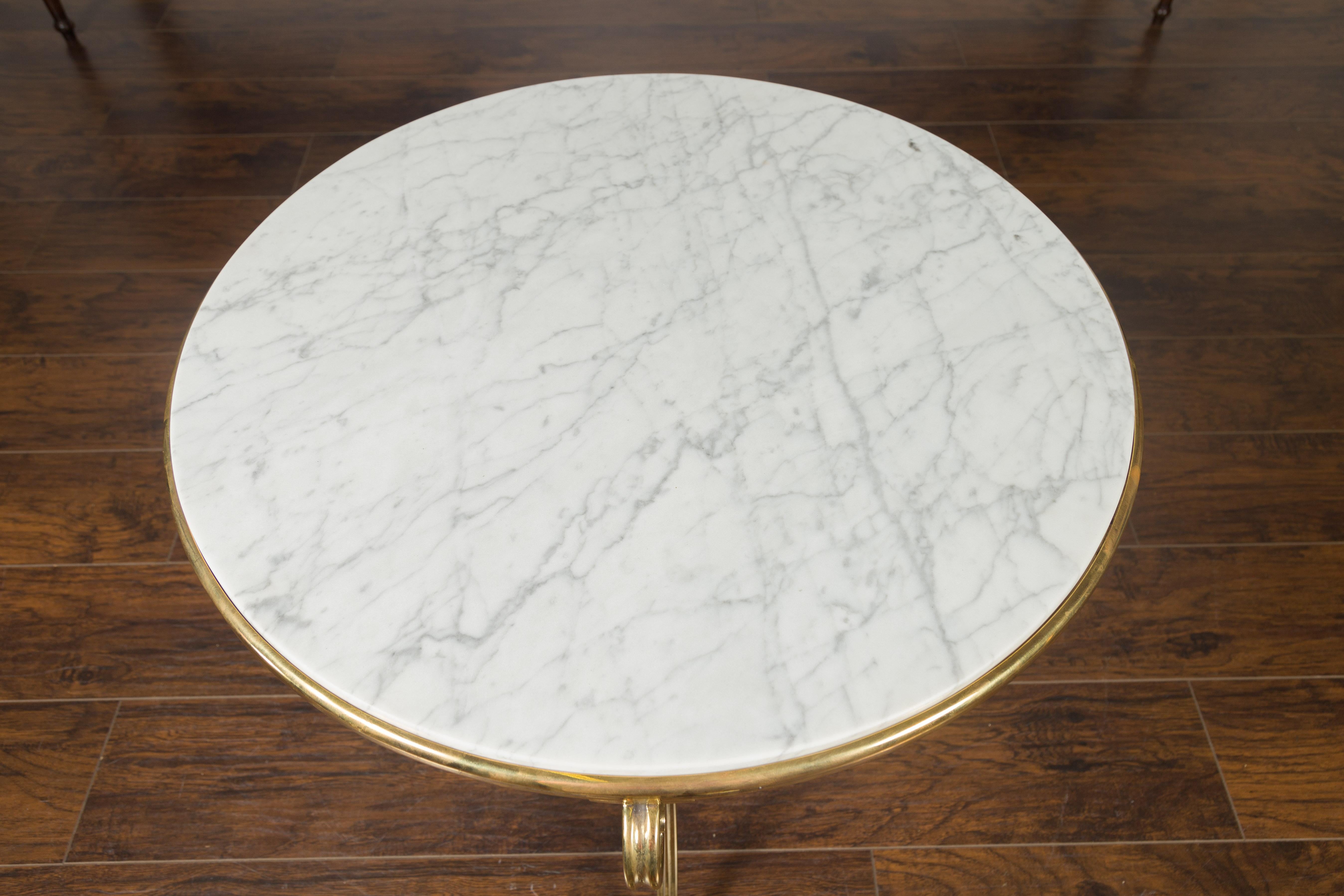 Mid-Century Modern Midcentury Italian Brass Table with Round White Marble Top and Scrolling Legs