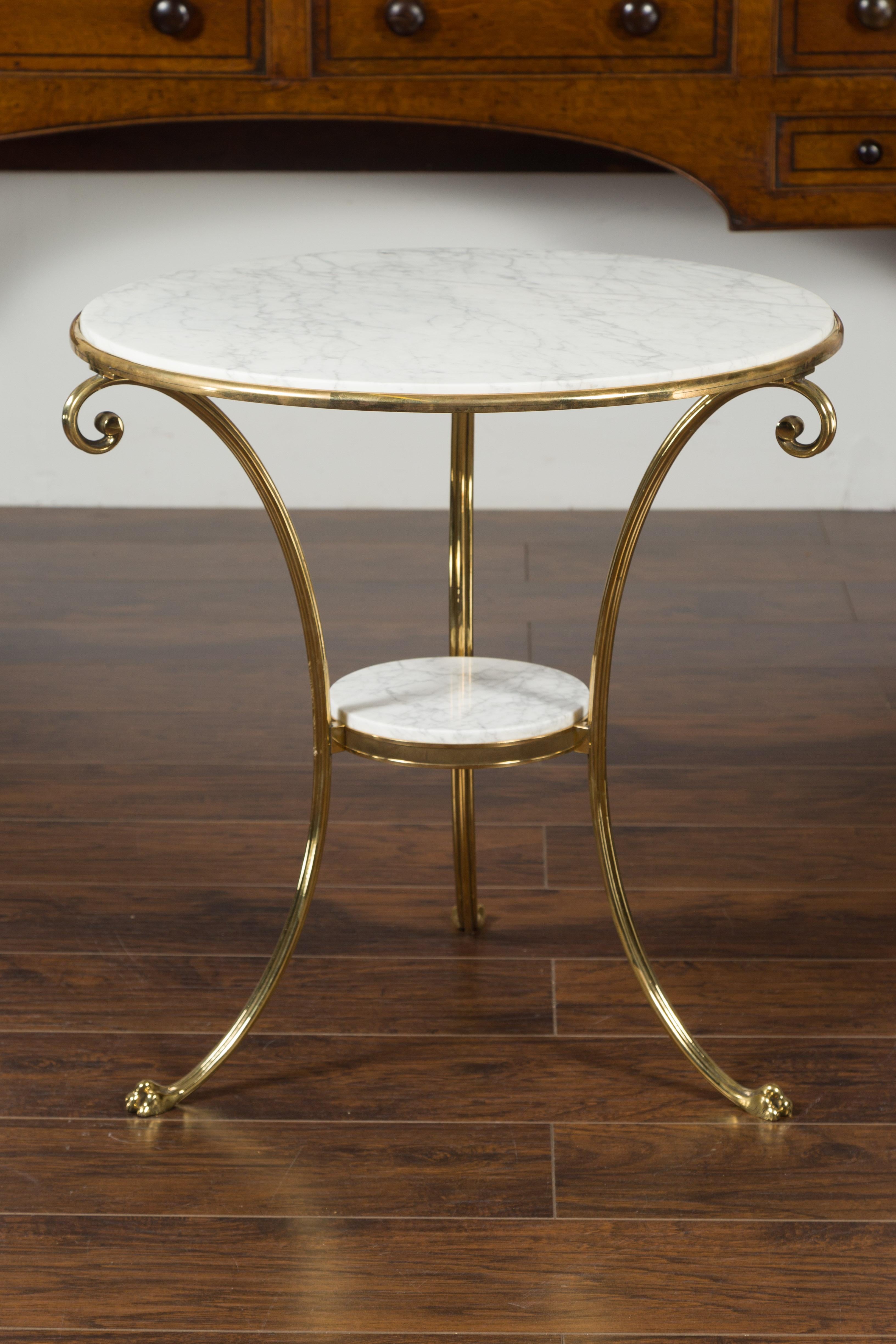 Midcentury Italian Brass Table with Round White Marble Top and Scrolling Legs 2