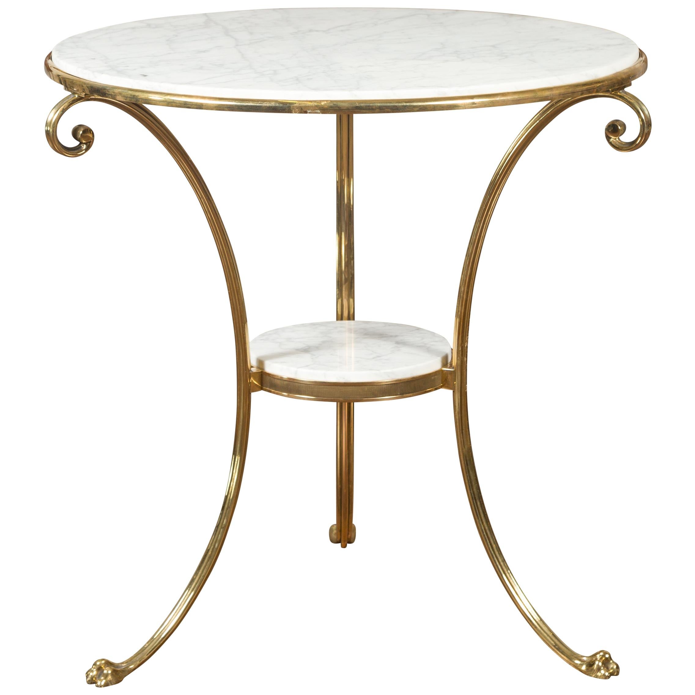 Midcentury Italian Brass Table with Round White Marble Top and Scrolling Legs