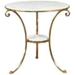 Midcentury Italian Brass Table with Round White Marble Top and Scrolling Legs