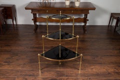Midcentury Italian Brass Tiered Corner Étagère with Black Glass Shelves