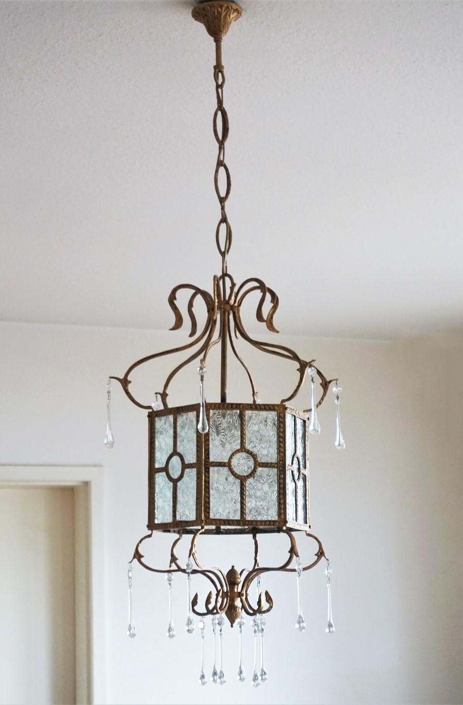 Art Deco Midcentury Italian Bronze Molded Glass Lantern with Murano Glass Drops