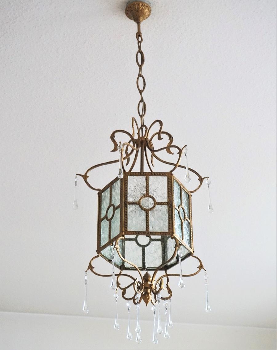 Midcentury Italian Bronze Molded Glass Lantern with Murano Glass Drops In Good Condition In Frankfurt am Main, DE