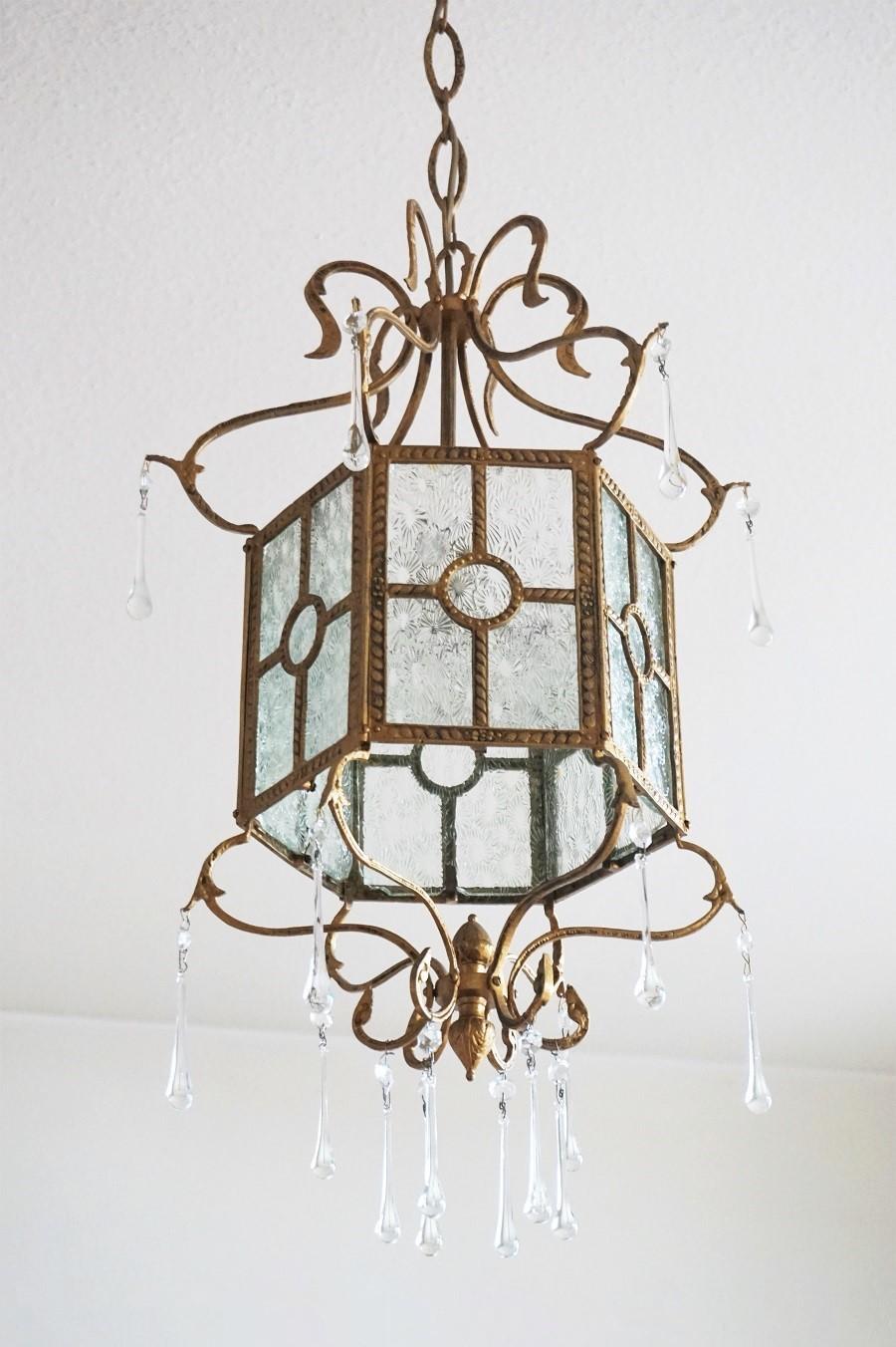20th Century Midcentury Italian Bronze Molded Glass Lantern with Murano Glass Drops For Sale