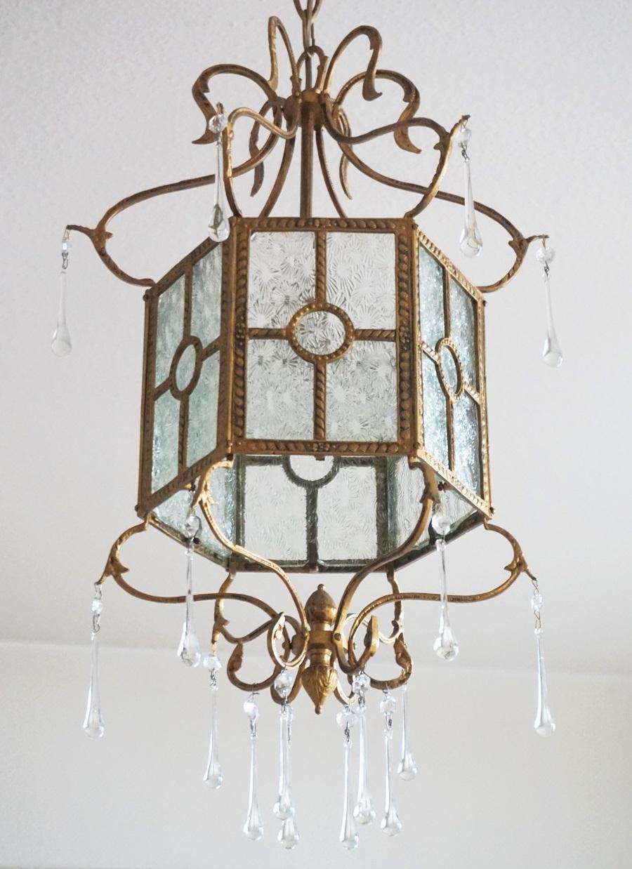 Midcentury Italian Bronze Molded Glass Lantern with Murano Glass Drops For Sale 1