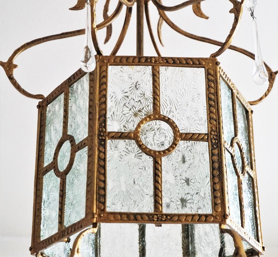 Midcentury Italian Bronze Molded Glass Lantern with Murano Glass Drops For Sale 2