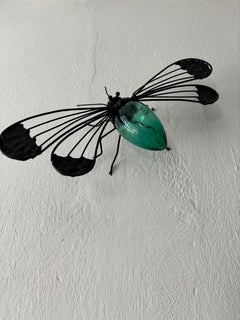 Midcentury Italian Brutalist Dragonfly Detailed Green Glass Body Sconce, c 1950