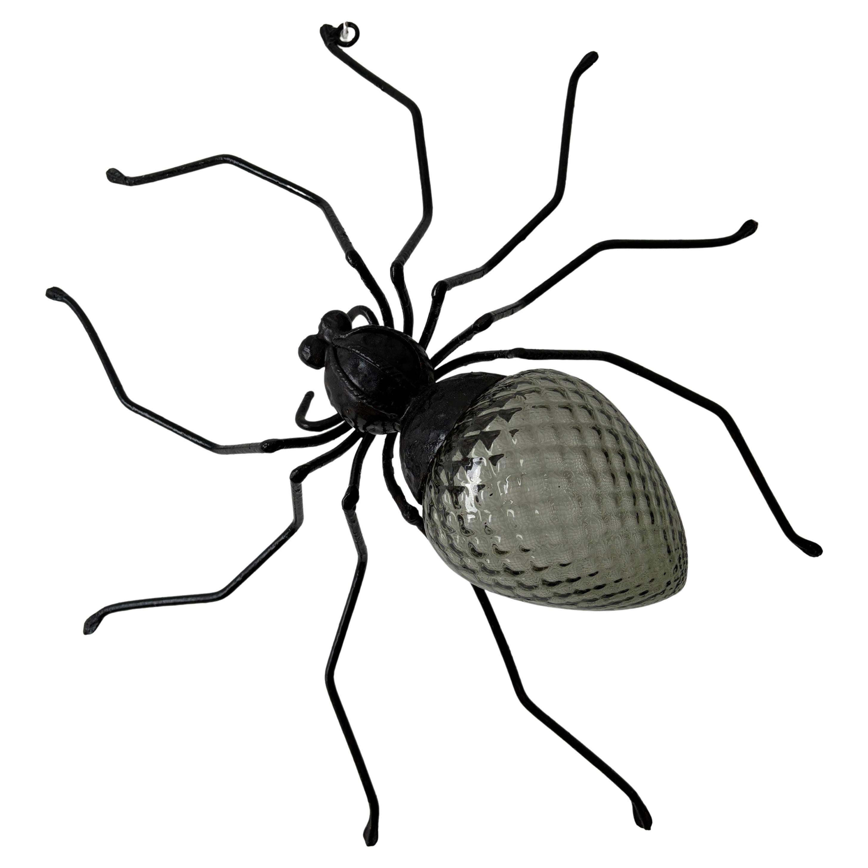 Midcentury Italian Brutalist Spider Detailed Rare Green Glass Body Sconce For Sale