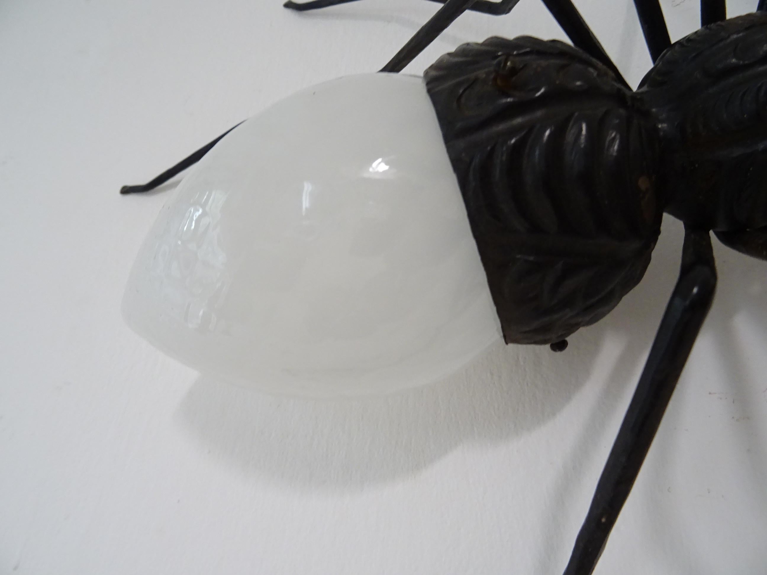 Midcentury Italian Brutalist Spider White Opaline Glass Body Sconce 5