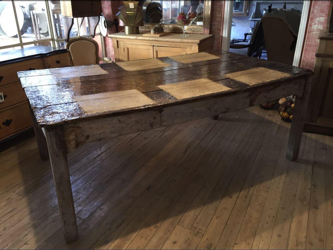 Mid-Century Italian Brutalist Spruce Table with Decorated Top from 1960s.
The top is decorated with canvas place mats fixed to the wood with transparent glazed paint as shown in the pictures