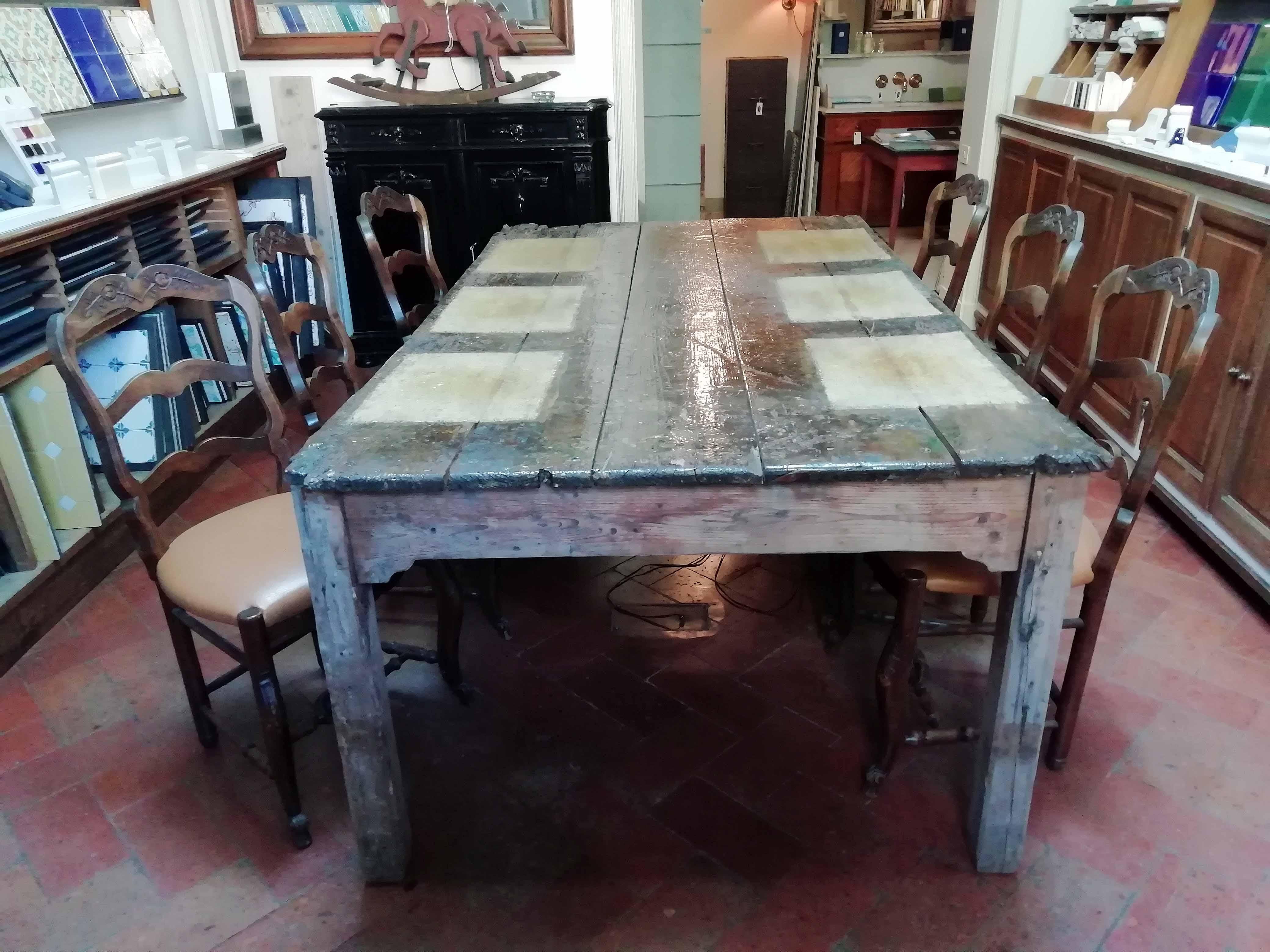 Mid-20th Century Midcentury Italian Brutalist Spruce Table with Decorated Top from 1960s For Sale