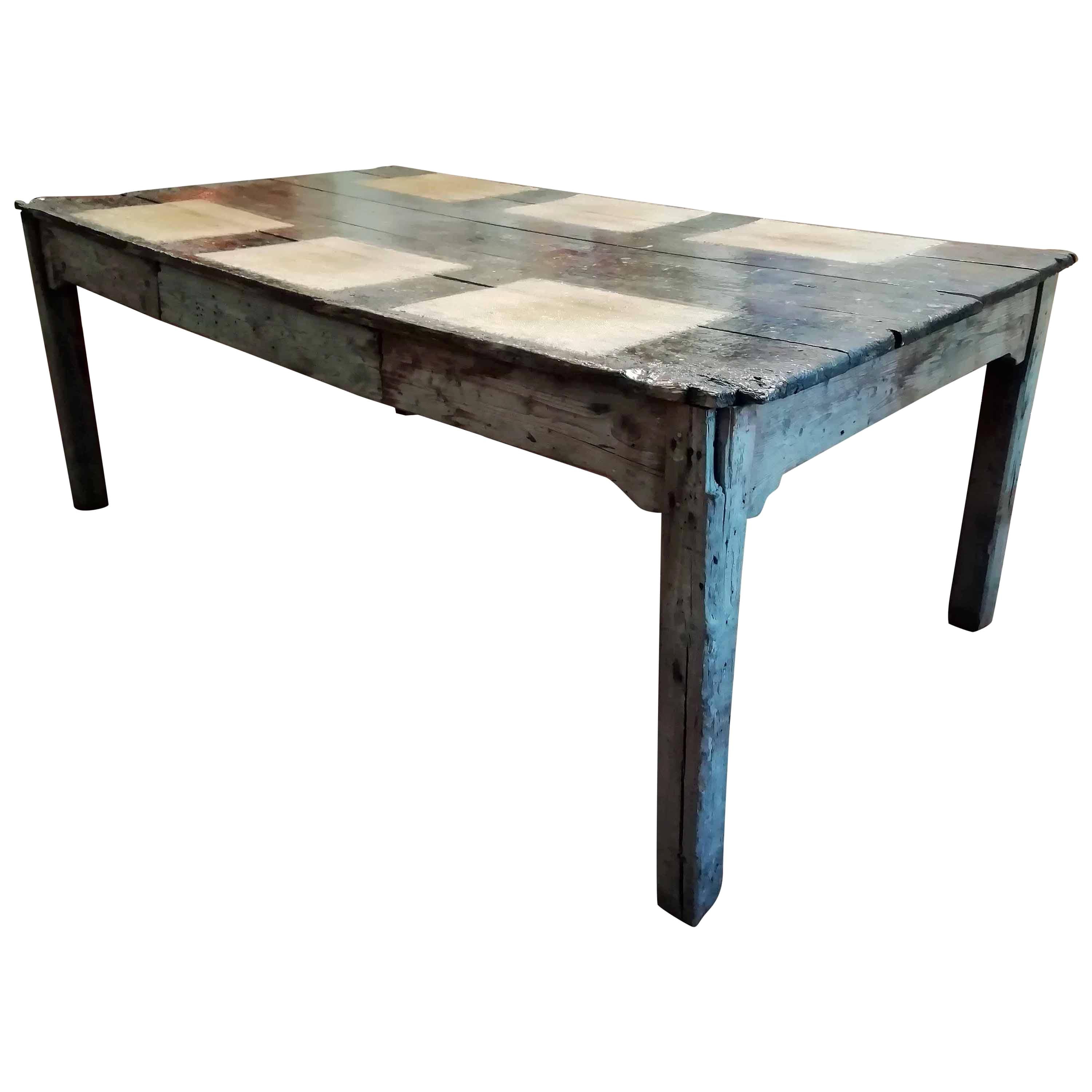 Midcentury Italian Brutalist Spruce Table with Decorated Top from 1960s For Sale