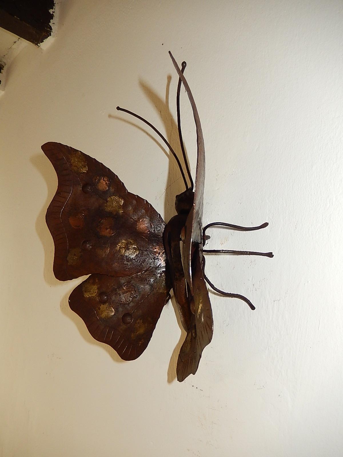 Metal Alessandro Mazzucotelli Italian Brutalist Wrought Iron Rare Butterfly Sconce For Sale
