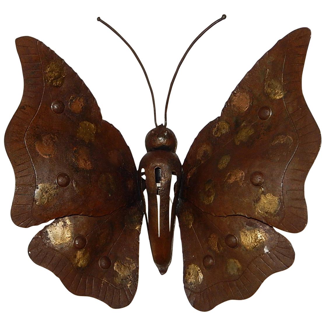 Alessandro Mazzucotelli Italian Brutalist Wrought Iron Rare Butterfly Sconce For Sale