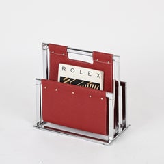 Midcentury Italian Burgundy Magazine Rack in Chrome After Milo Baughman, 1970s