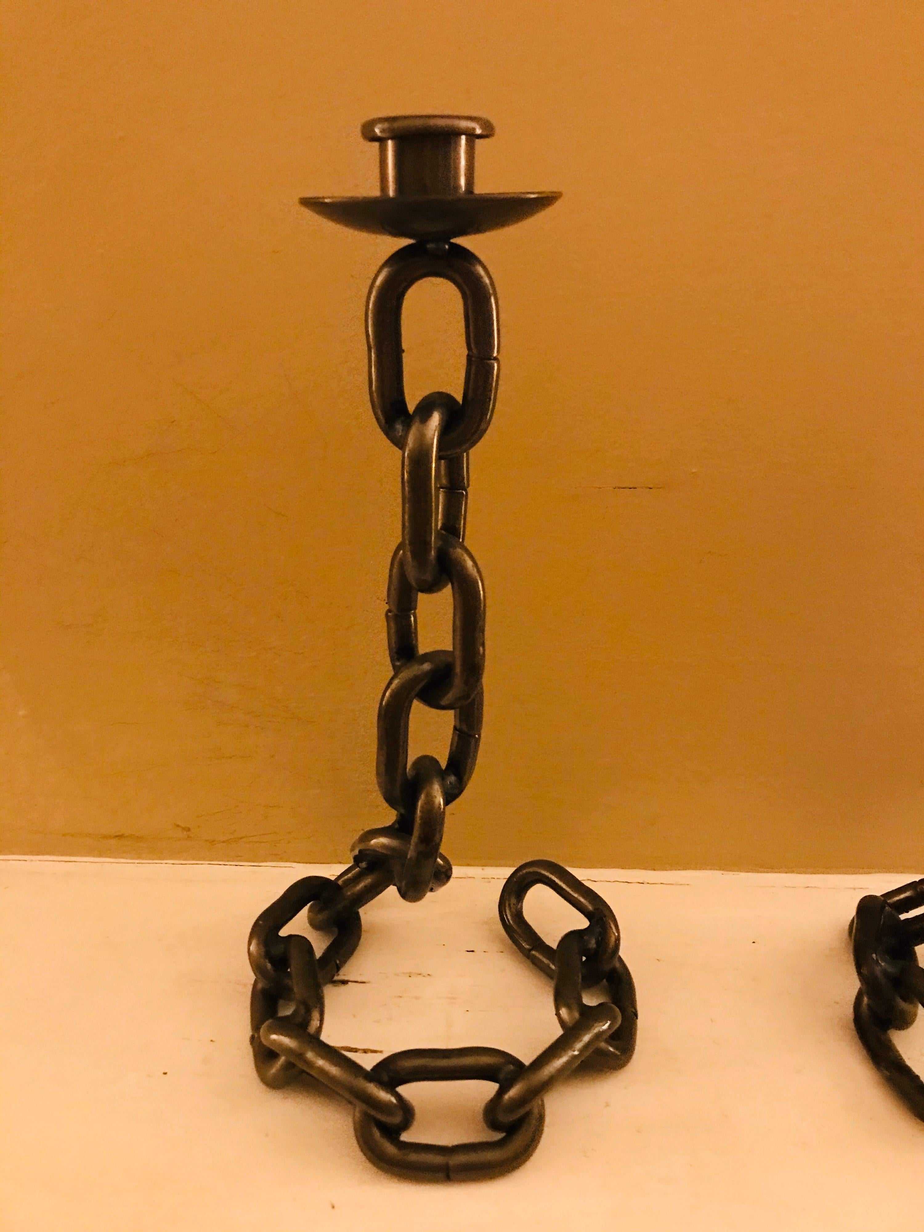 These “illusion” solid metal chain-link candlesticks are a total crowd pleaser, they’re lots of fun. 

They are in excellent vintage condition. The patina to the metal was intentionally applied, then lacquered over. 

Free shipping.