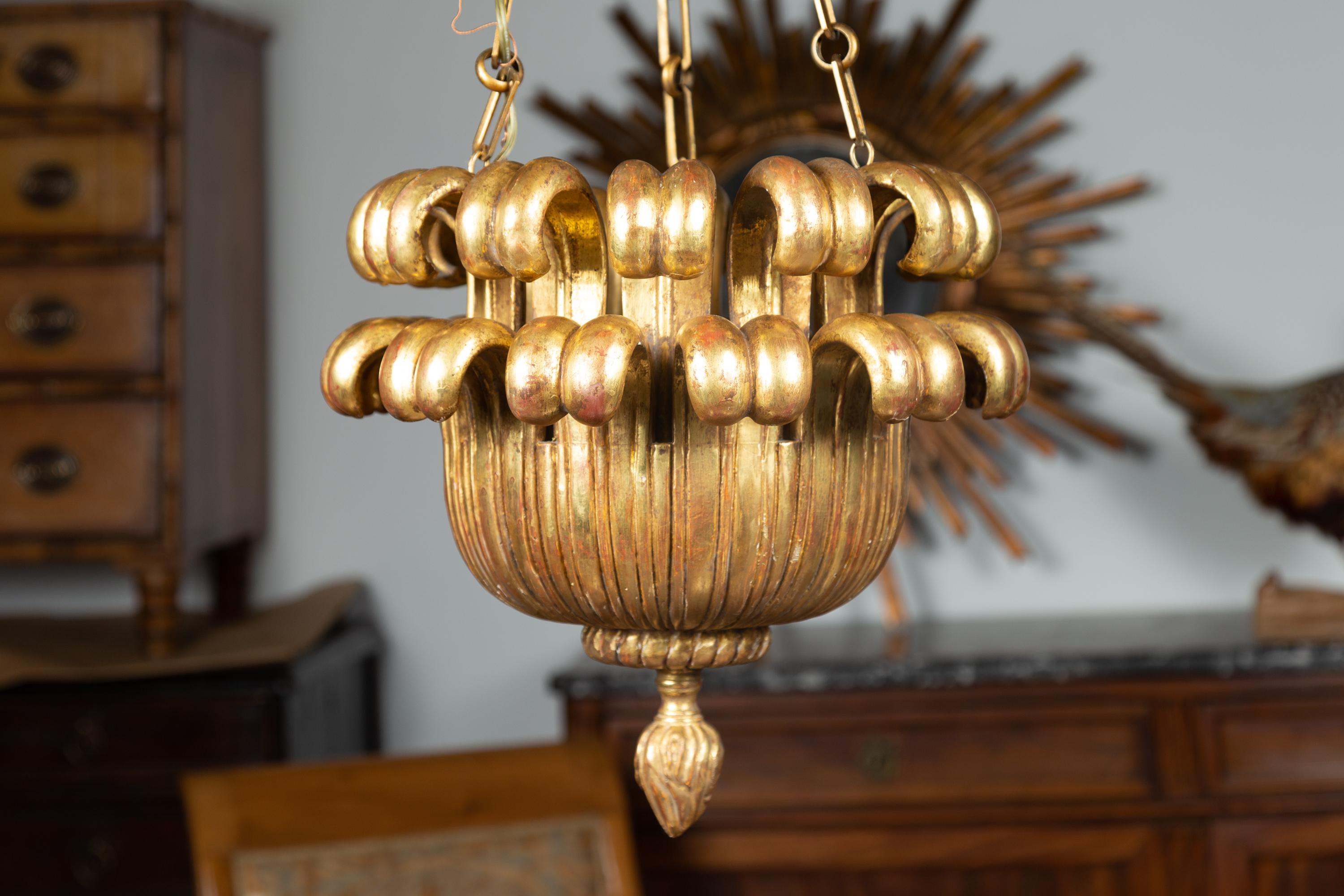 Mid-Century Modern Midcentury Italian Carved Giltwood Three-Light Chandelier with Leafy Motifs