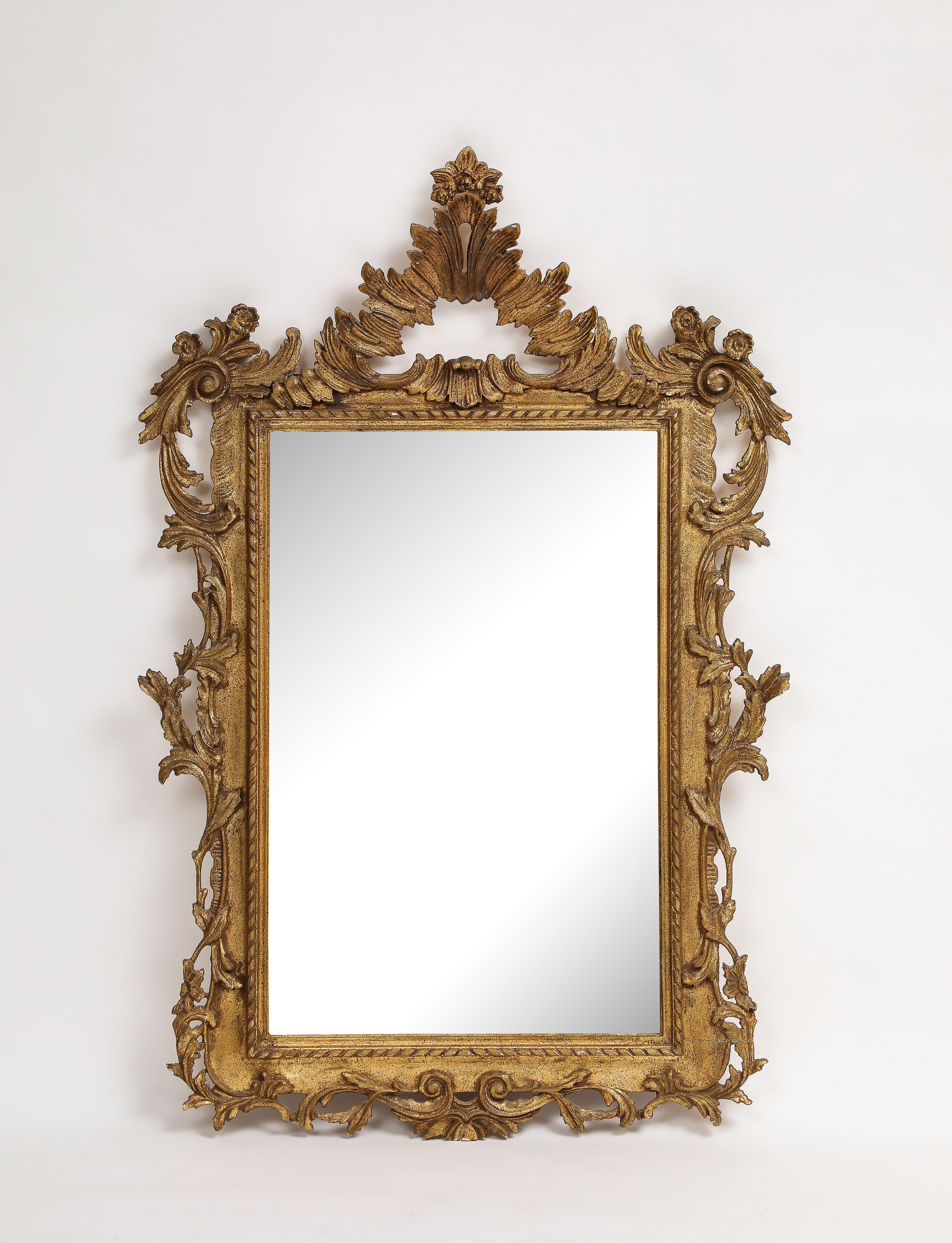 Midcentury Italian giltwood mirror, Rococo style, by John Widdicomb. Stamped 