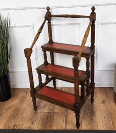 Midcentury Italian Carved Walnut Wood and Leather 4-Step Library Ladder