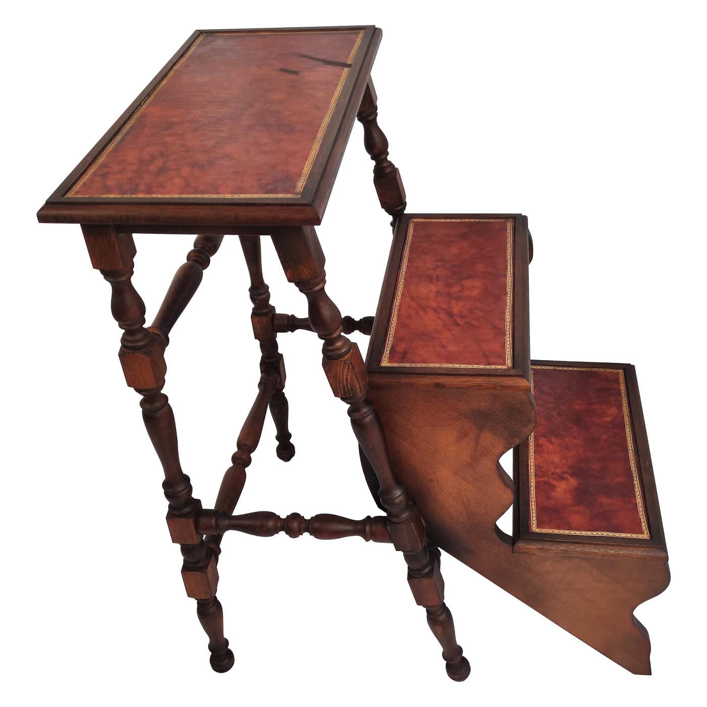 Midcentury Italian Carved Walnut Wood and Leather Foldable 3-Step ...