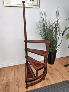 Midcentury Italian Carved Walnut Wood and Leather Spiral 4-Step Library Ladder