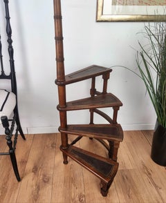 Midcentury Italian Carved Walnut Wood and Leather Spiral 4-Step Library Ladder