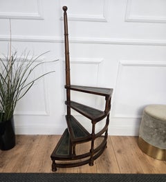Midcentury Italian Carved Walnut Wood and Leather Spiral 4-Step Library Ladder