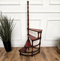 Midcentury Italian Carved Walnut Wood and Leather Spiral 4-Step Library Ladder