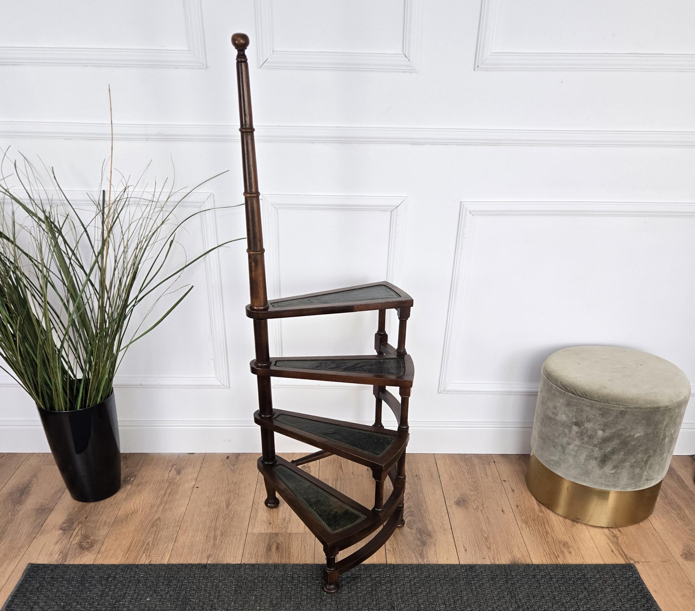 Hand-Carved Midcentury Italian Carved Walnut Wood and Leather Spiral 4-Step Library Ladder