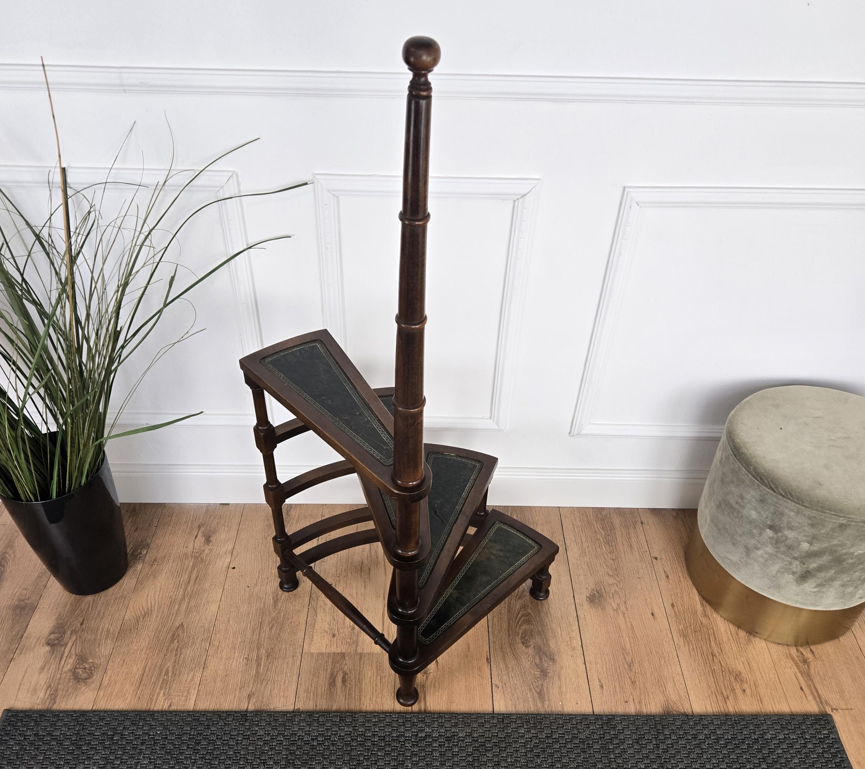 Midcentury Italian Carved Walnut Wood and Leather Spiral 4-Step Library Ladder 1