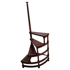 Used Midcentury Italian Carved Walnut Wood and Leather Spiral 4-Step Library Ladder