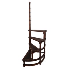 Used Midcentury Italian Carved Walnut Wood and Leather Spiral 4-Step Library Ladder