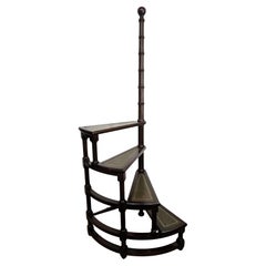 Midcentury Italian Carved Walnut Wood and Leather Spiral 4-Step Library Ladder