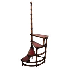 Midcentury Italian Carved Walnut Wood and Leather Spiral 4-Step Library Ladder
